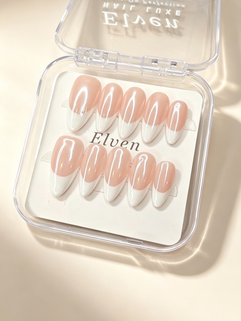 Nude Pink Pearl Chrome French Tip Press On Nails, Medium Almond Nails